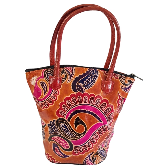 NWT Zint Leather handbag Bucket Bohemian Ethnic Brown Paisley Business - Picture 2 of 6